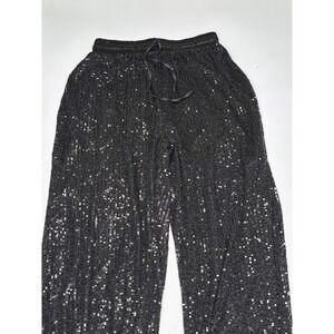 Sequin Pants Black Women's Drawstring Waist Wide Leg Joggers Party Sparkle Med